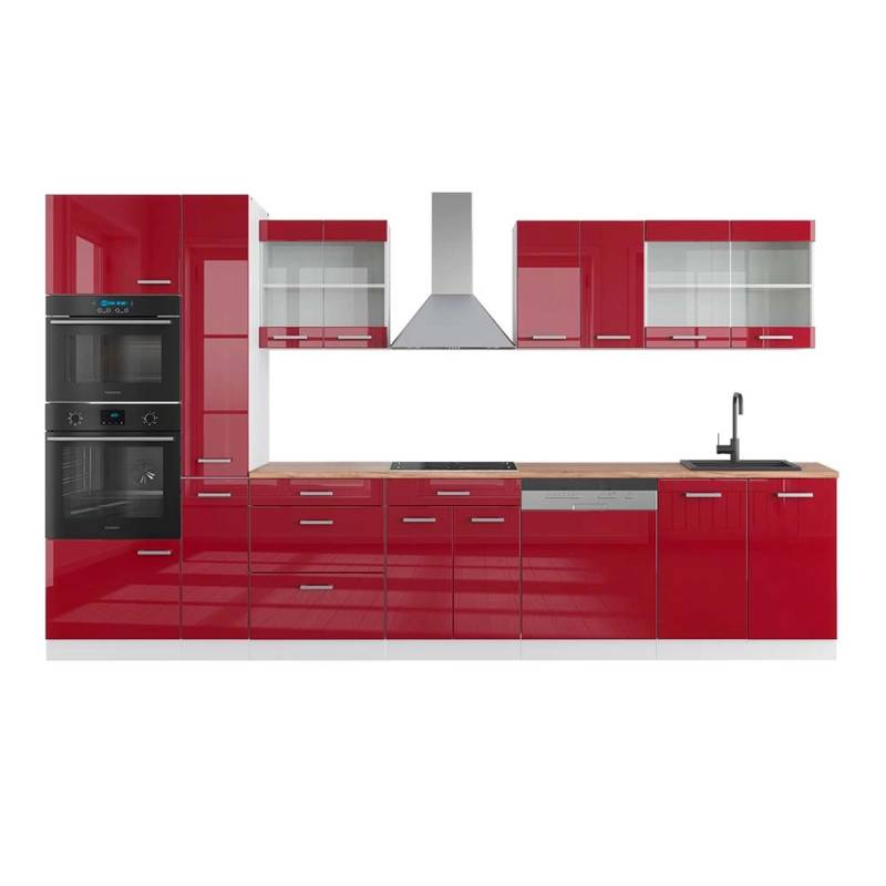 Vicco R-Line Küchenzeile Bordeaux Hochglanz/Weiß 350 cm mit HochschrankAP Eiche von Vicco