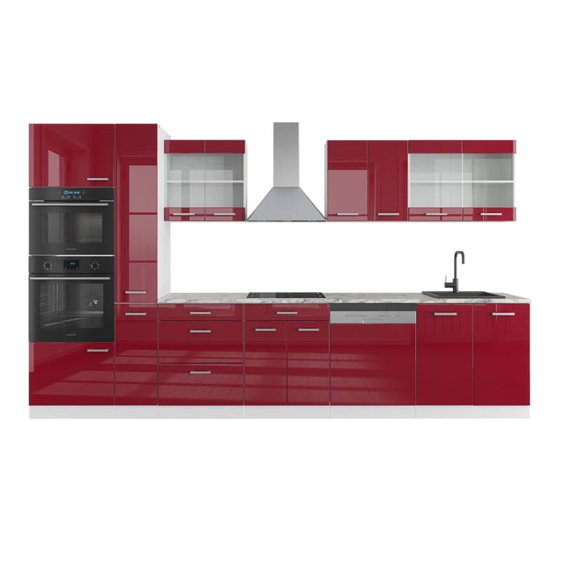 Vicco R-Line Küchenzeile Bordeaux Hochglanz/Weiß 350 cm mit HochschrankAP Marmor von Vicco