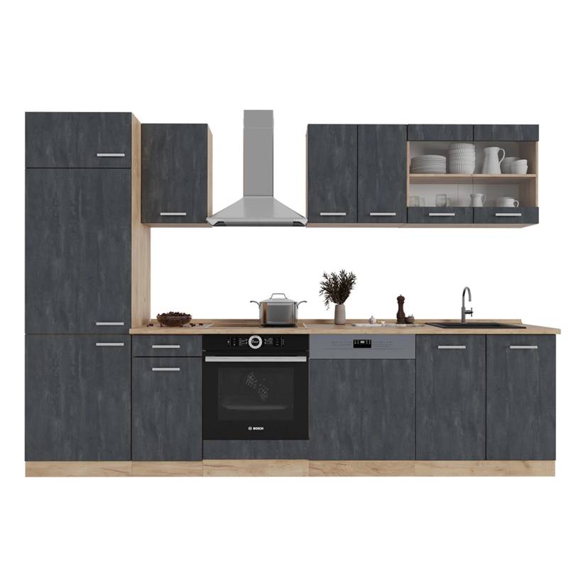 Vicco R-Line Küchenzeile Schwarz Beton/Goldkraft Eiche 300 cm AP Eiche von Vicco