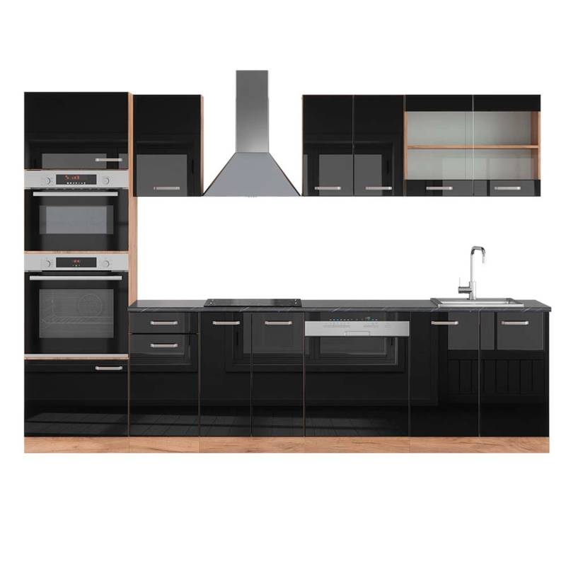 Vicco R-Line Küchenzeile Schwarz Hochglanz/Goldkraft Eiche 300 cm mit HochschrankAP Anthrazit von Vicco
