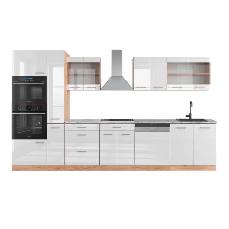 Vicco R-Line Küchenzeile Weiß Hochglanz/Goldkraft Eiche 350 cm mit HochschrankAP Marmor von Vicco