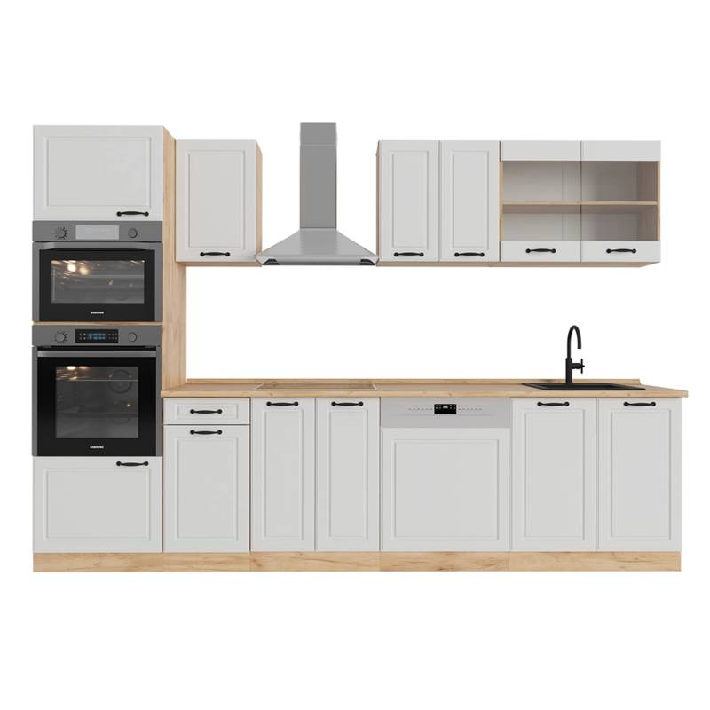 Vicco R-Line Küchenzeile Weiß Landhaus/Goldkraft Eiche 300 cm mit Hochschrankohne Arbeitsplatte von Vicco
