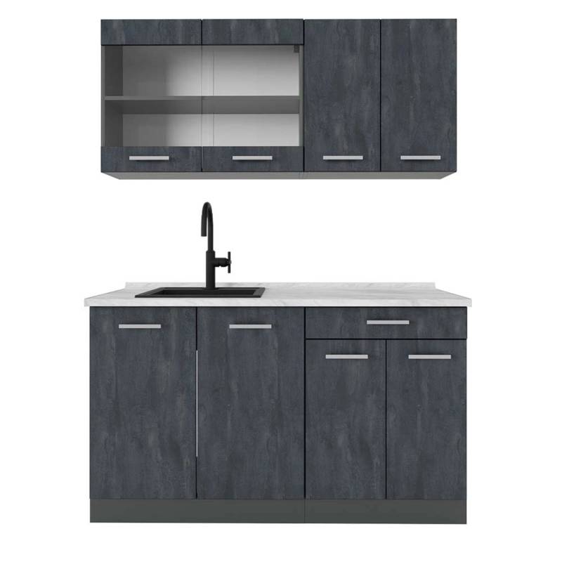 Vicco R-Line Mini-Küche Schwarz Beton/Anthrazit 140 cm AP Marmor von Vicco
