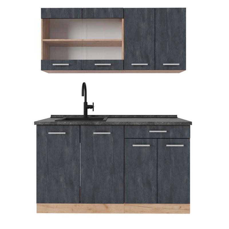 Vicco R-Line Mini-Küche Schwarz Beton/Goldkraft Eiche 140 cm AP Anthrazit von Vicco