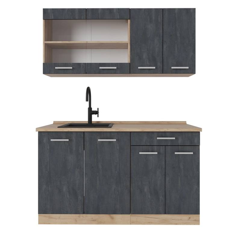 Vicco R-Line Mini-Küche Schwarz Beton/Goldkraft Eiche 140 cm AP Eiche von Vicco