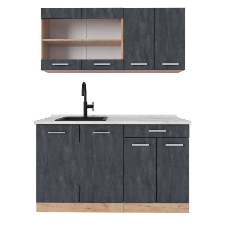 Vicco R-Line Mini-Küche Schwarz Beton/Goldkraft Eiche 140 cm AP Marmor von Vicco