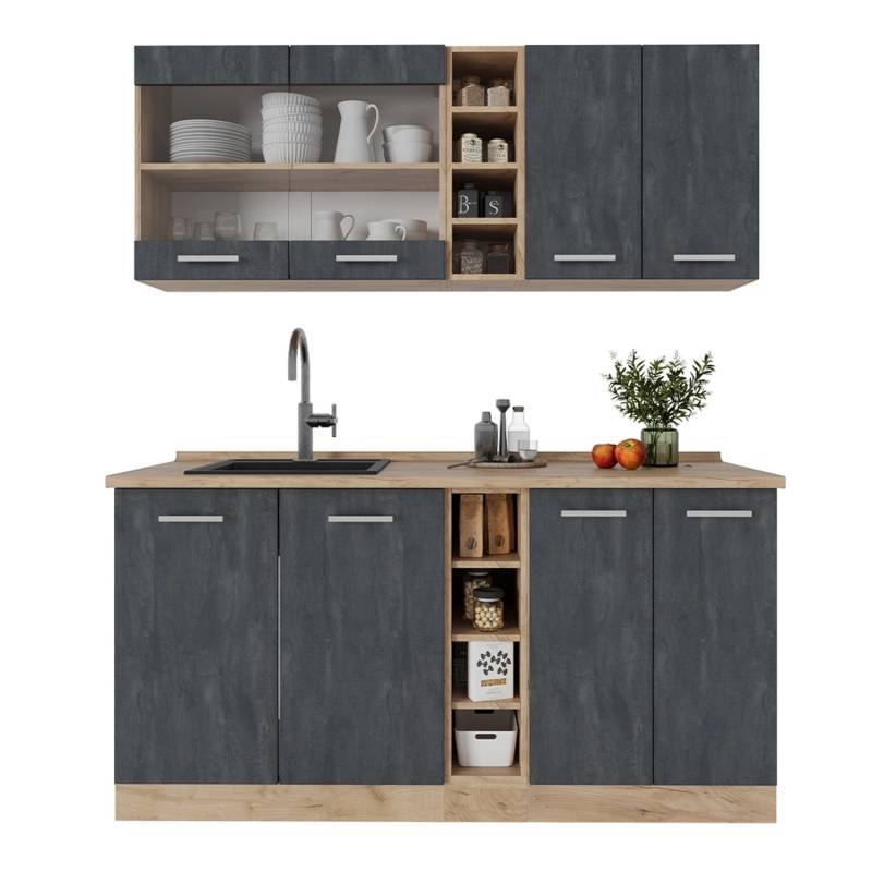 Vicco R-Line Mini-Küche Schwarz Beton/Goldkraft Eiche 160 cm ohne Arbeitsplatte von Vicco