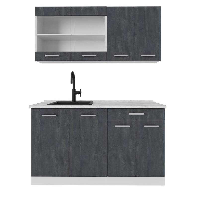 Vicco R-Line Mini Küche Schwarz Beton/Weiß 140 cm AP Marmor von Vicco