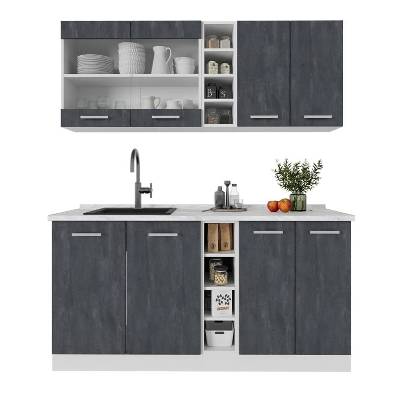 Vicco R-Line Mini-Küche Schwarz Beton/Weiß 160 cm AP Marmor von Vicco