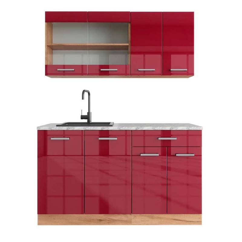 Vicco R-Line Singleküche Bordeaux Hochglanz/Goldkraft Eiche 140 cm AP Marmor von Vicco