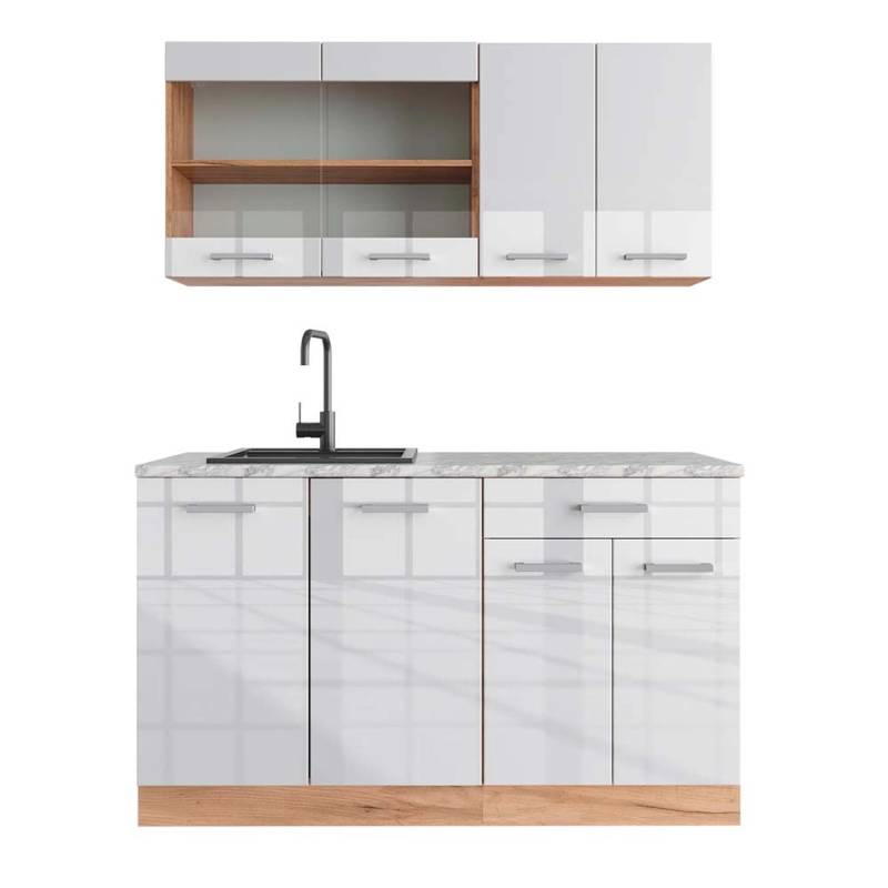 Vicco R-Line Singleküche Weiß Hochglanz/Goldkraft Eiche 140 cm AP Marmor von Vicco