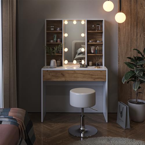 Vicco Schminktisch Alexa, Weiß/Eiche, 93 cm mit LED Beleuchtung und Hocker Vicco Schminktisch Alexa, Weiß/Eiche, 93 cm mit LED Beleuchtung und Hocker von Vicco