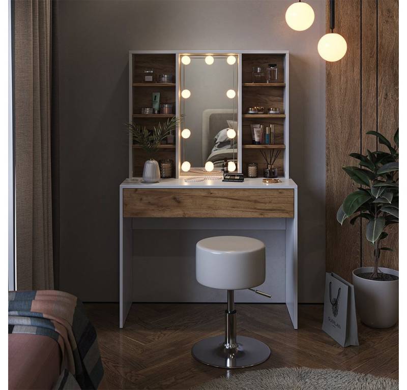 Vicco Schminktisch Alexa, Weiß/Eiche, 93 cm mit LED Beleuchtung von Vicco
