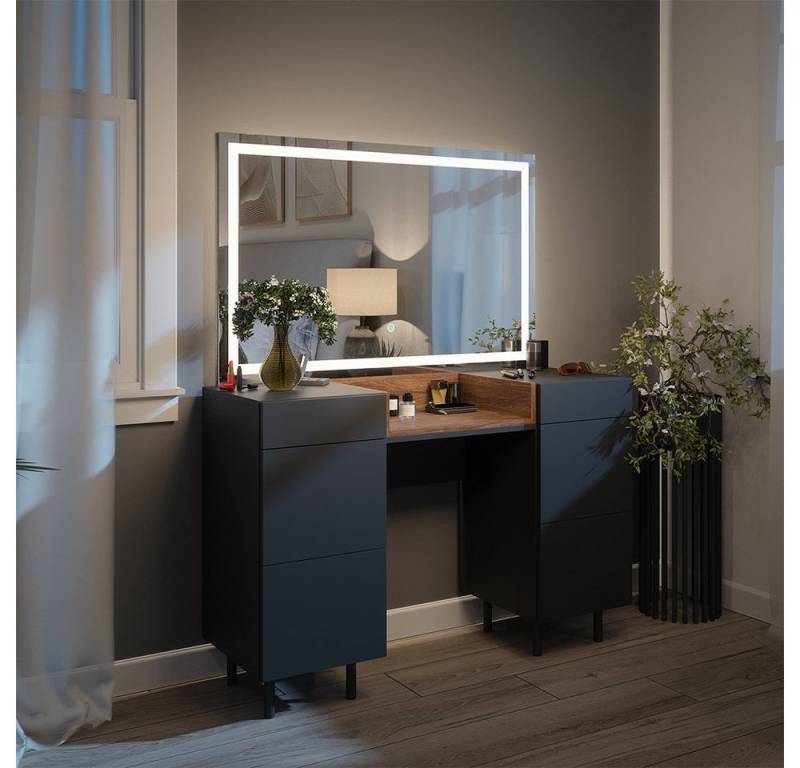 Vicco Schminktisch Anika, Anthrazit/Nussbaum, 120 cm mit LED-Spiegel von Vicco
