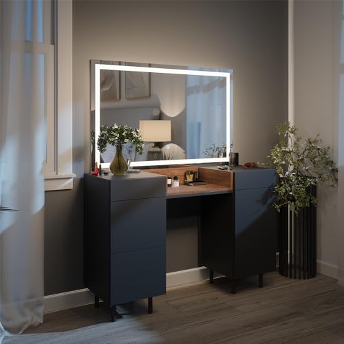 Vicco Schminktisch Anika, Kosmetiktisch mit Spiegel, Anthrazit/Nussbaum, 120 cm mit LED-Spiegel von Vicco