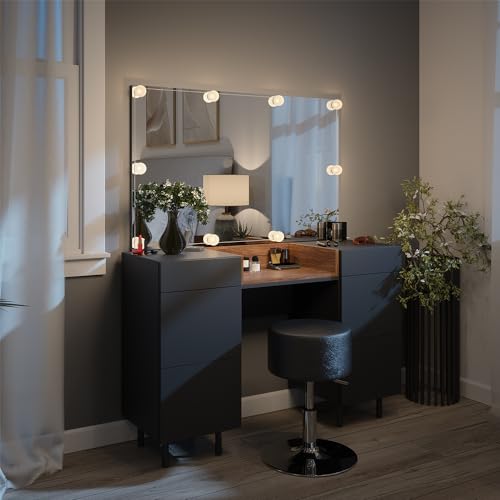 Vicco Schminktisch Anika, Anthrazit/Nussbaum, 120 cm mit LED Beleuchtung und Hocker von Vicco