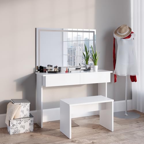 Vicco Schminktisch Azur, Kosmetiktisch mit Spiegel, Weiß, 120 cm mit LED Spiegel und Bank von Vicco