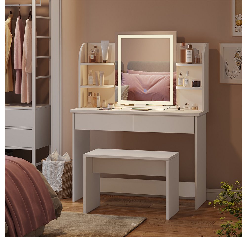 Vicco Schminktisch Charlotte, Weiß, 106 cm mit LED-Spiegel, QI-Ladegerät und Bank von Vicco