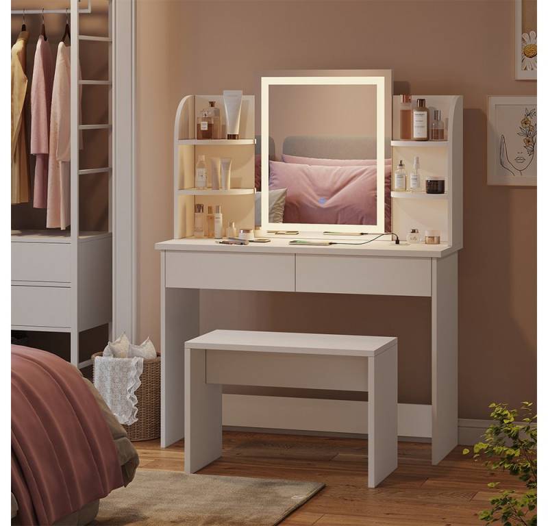 Vicco Schminktisch Charlotte, Weiß, 106 cm mit LED-Spiegel, QI-Ladegerät und Bank Vicco Schminktisch Charlotte, Weiß, 106 cm mit LED-Spiegel, QI-Ladegerät und Bank von Vicco