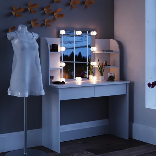Vicco Schminktisch Charlotte, Kosmetiktisch mit Spiegel, Weiß, 108 cm + LED und Hocker von Vicco