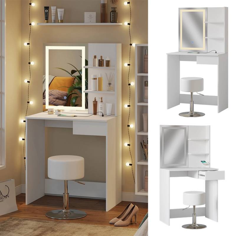 Vicco Schminktisch Dekos Weiß 75 cm mit LED-Spiegel QI-Ladegerät und Hocker von Vicco