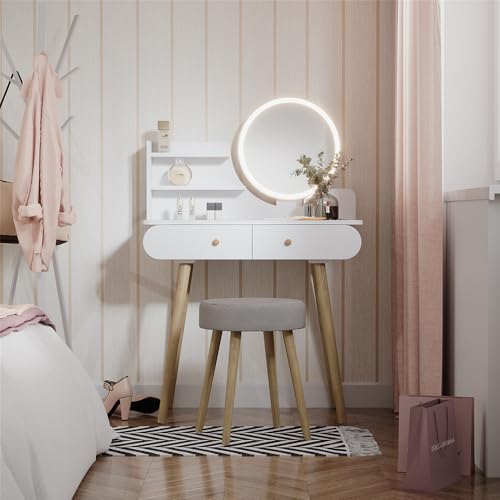 Vicco Schminktisch Edda, Kosmetiktisch mit Spiegel, Weiß, 80 cm mit LED Beleuchtung und Hocker von Vicco