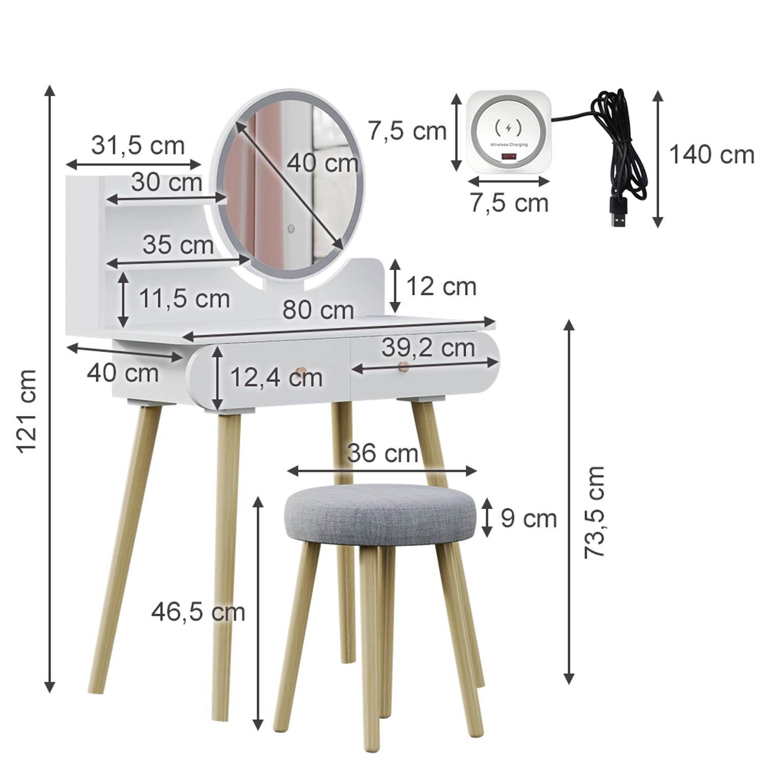 Vicco Schminktisch Edda Weiß 80 cm mit LED-Spiegel und QI-Ladestation Vicco Schminktisch Edda Weiß 80 cm mit LED-Spiegel und QI-Ladestation von Vicco