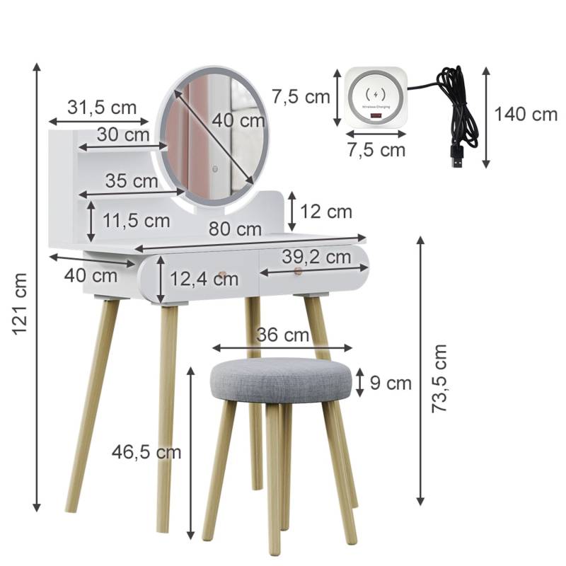 Vicco Schminktisch Edda Weiß 80 cm mit LED-Spiegel und QI-Ladestation von Vicco