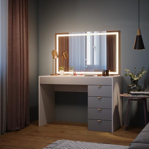 Vicco Schminktisch Elise, Kosmetiktisch mit Spiegel, Weiß/Grau, 115 cm mit LED-Spiegel von Vicco