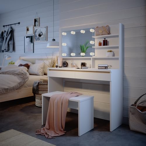 Vicco Schminktisch Emma, Weiß, 120 cm mit Spiegelregal, Bank & LED-Beleuchtung Vicco Schminktisch Emma, Weiß, 120 cm mit Spiegelregal, Bank & LED-Beleuchtung von Vicco