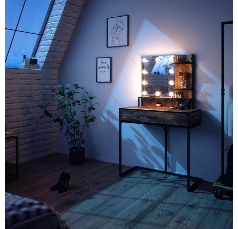 Vicco Schminktisch Fyrk, Eiche rustikal/Schwarz, 80 cm mit LED-Lampen von Vicco