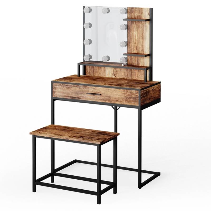 Vicco Schminktisch Fyrk Antikholz/Schwarz 80 cm mit LED Beleuchtung und Stuhl von Vicco