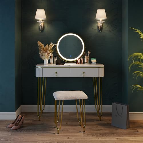 Vicco Schminktisch Grace, Weiß, 100 cm mit LED-Spiegel, QI-Ladestation und Hocker von Vicco