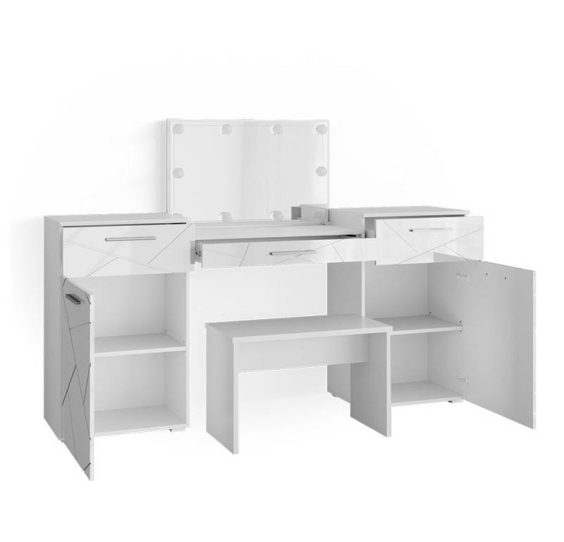 Vicco Schminktisch Irma, Weiß Hochglanz, 190 cm mit LED Beleuchtung und Bank von Vicco