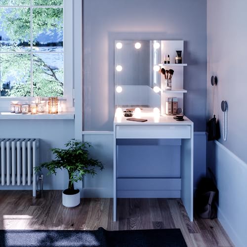 Vicco Schminktisch Isabelle, Kosmetiktisch mit Spiegel, Weiß, 60 cm mit LED Beleuchtung von Vicco