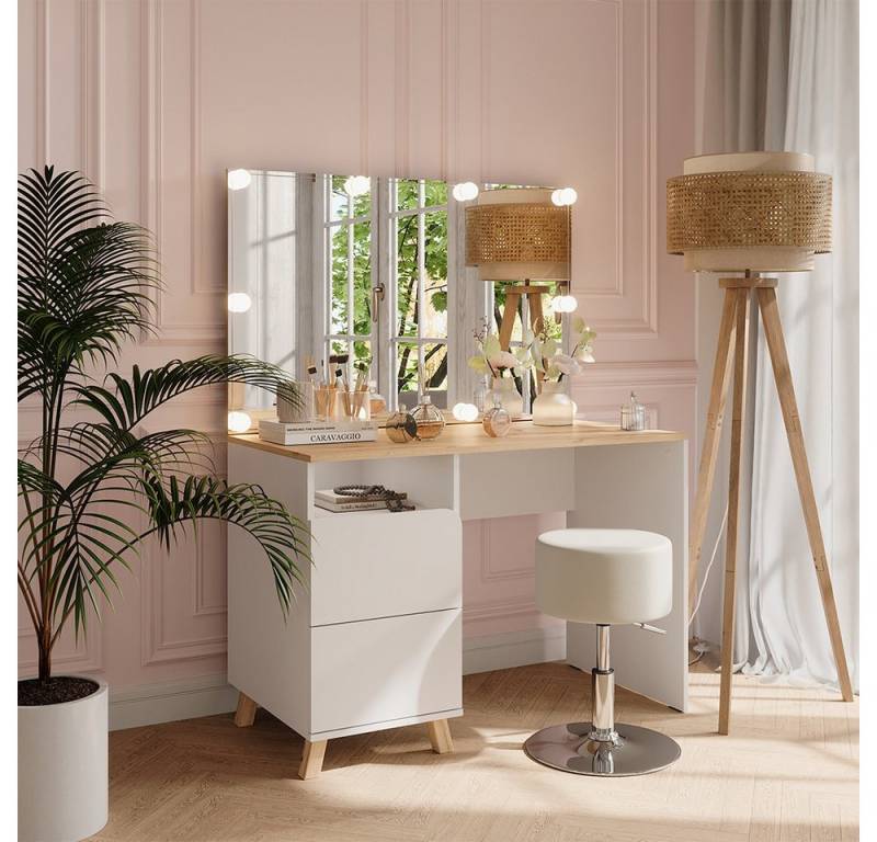 Vicco Schminktisch Karen, Weiß/Artisan, 110 cm mit Hocker und LED-Lichterkette von Vicco