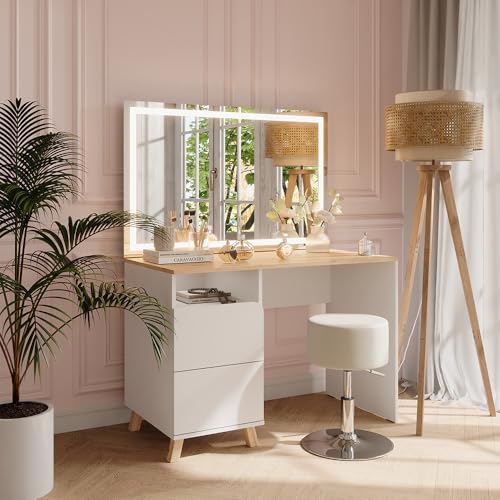 Vicco Schminktisch Karen, Weiß/Artisan, 110 cm mit Hocker und LED-Spiegel von Vicco