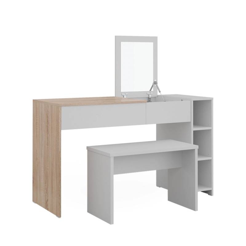 Vicco Schminktisch Kira Weiß/Sonoma/Sonoma 130 cm mit Hocker und Einklappbarem Spiegel Opt 2 von Vicco