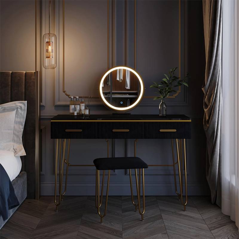 Vicco Schminktisch Layla Schwarz 100 cm mit LED Spiegel und Hocker von Vicco