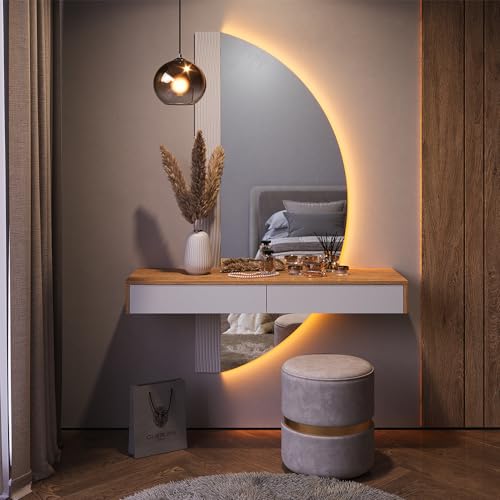 Vicco Schminktisch Melisa, Kosmetiktisch mit Spiegel, Eiche/Weiß, 120 cm mit LED Beleuchtung von Vicco