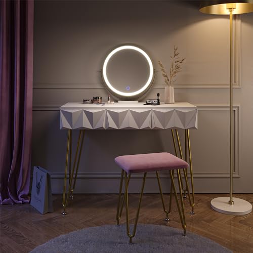 Vicco Schminktisch Ruby, Kosmetiktisch mit Spiegel, Weiß, 100 cm mit LED Beleuchtung und Hocker von Vicco