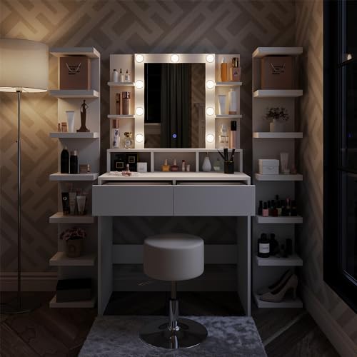 Vicco Schminktisch Taylor, Kosmetiktisch mit Spiegel, Weiß, 80 cm mit LED Beleuchtung und Hocker von Vicco