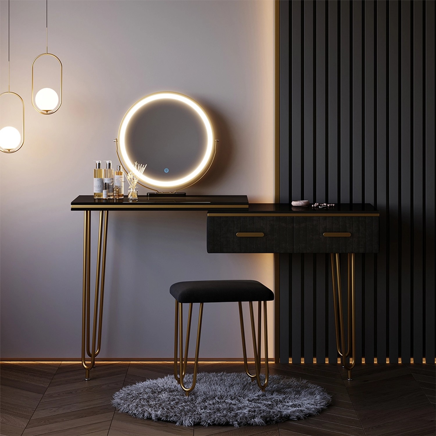 Vicco Schminktisch Zoey Schwarz 120 cm mit LED Spiegel und Hocker von Vicco