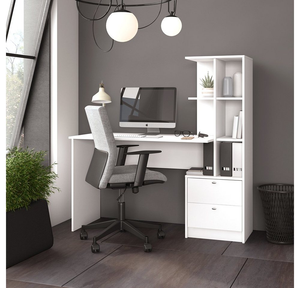 Vicco Schreibtisch Bürotisch Arbeitstisch 2 Schubladen Ablagefächer DENTON Weiß von Vicco