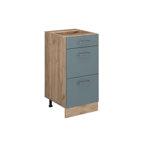 Vicco Küchenunterschrank R-Line, Blau-Grau/Goldkraft Eiche, 40 cm mit Schubladen, ohne Arbeitsplatte von Vicco