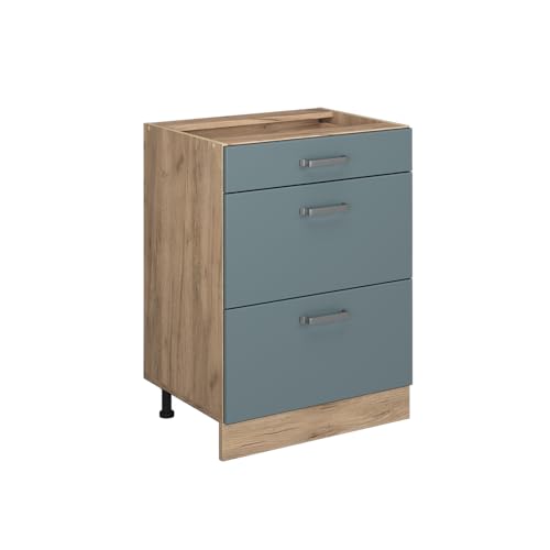 Vicco Küchenunterschrank R-Line, Blau-Grau/Goldkraft Eiche, 60 cm mit Schubladen, ohne Arbeitsplatte von Vicco