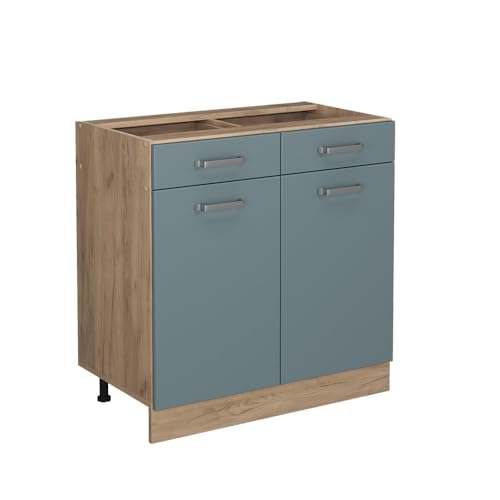 Vicco Küchenunterschrank R-Line, Blau-Grau/Goldkraft Eiche, 80 cm ohne Arbeitsplatte von Vicco