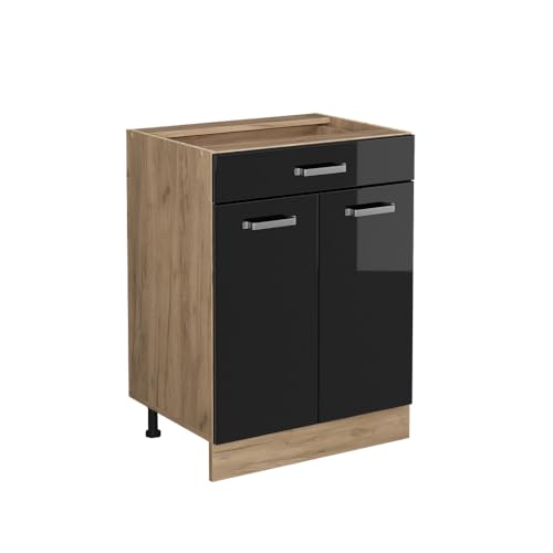 Vicco Küchenunterschrank R-Line, Schwarz Hochglanz/Goldkraft Eiche, 60 cm mit Schublade, ohne Arbeitsplatte von Vicco