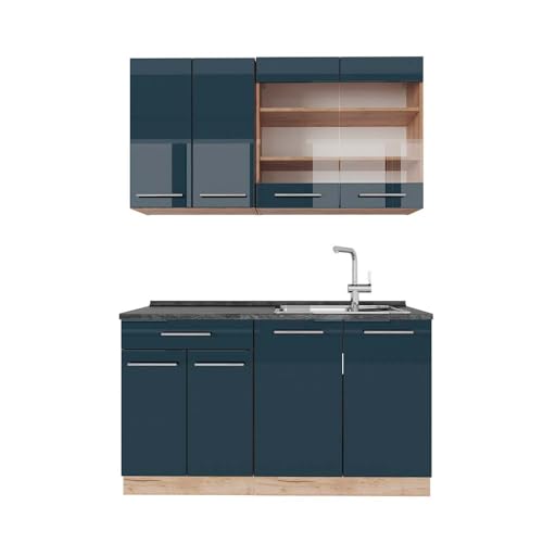 Vicco Singleküche Fame-Line, Dunkelblau Hochglanz/Goldkraft Eiche, 140 cm, AP Anthrazit von Vicco