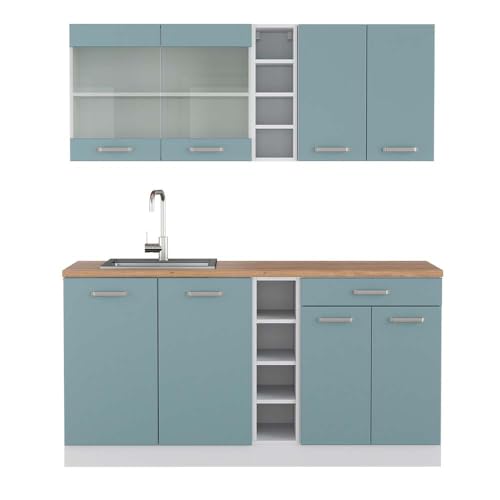 Vicco Singleküche R-Line, Küchenzeile Single, Blau-Grau/Weiß, 160 cm, AP Eiche von Vicco